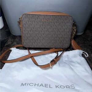 Michael Kors Brown Monogram Crossbody Camera Bag with Tan Trim